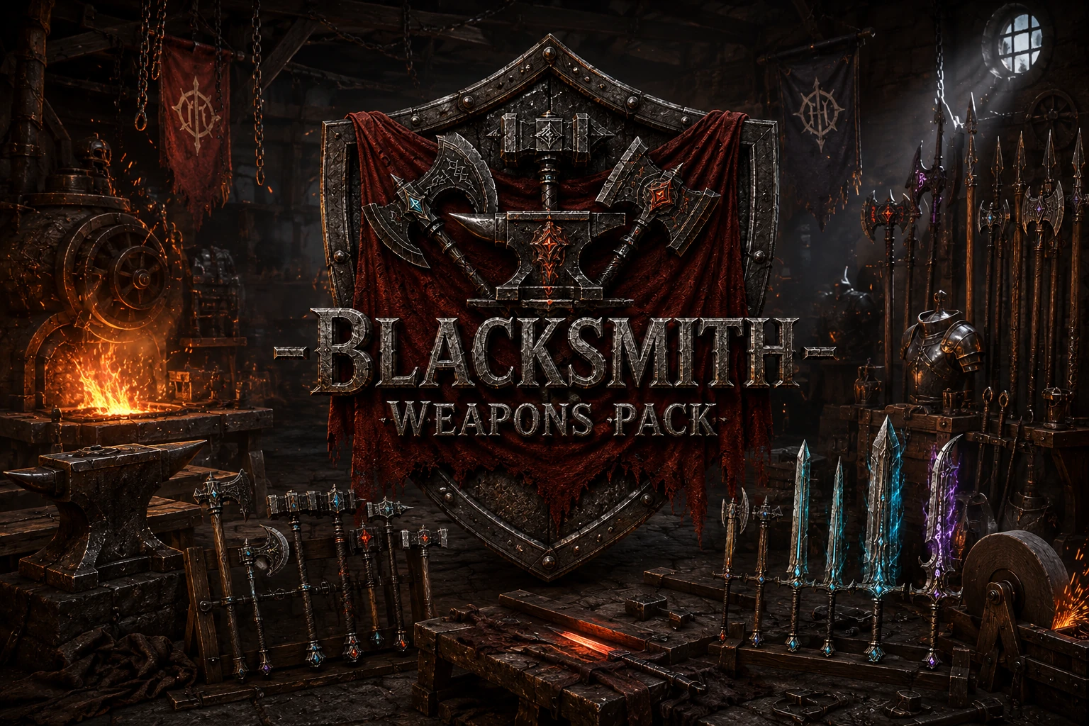 Complete preview of the Blacksmith Weapons Pack free 3D game asset collection