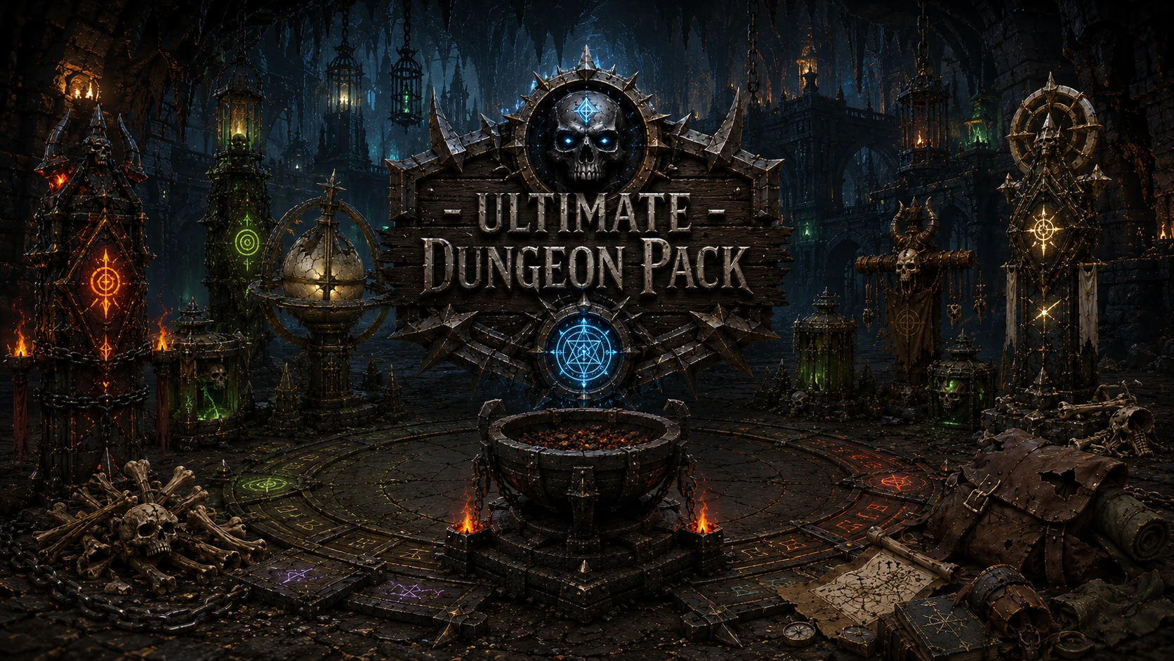 Complete preview of the Ultimate Dungeon Pack free 3D game asset collection