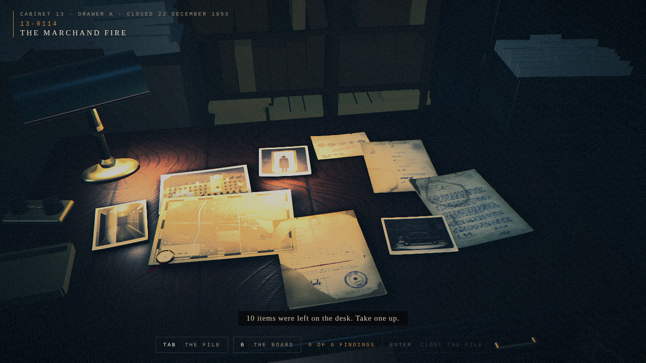 Cabinet 13 gameplay showing ten pieces of evidence arranged beneath a banker lamp