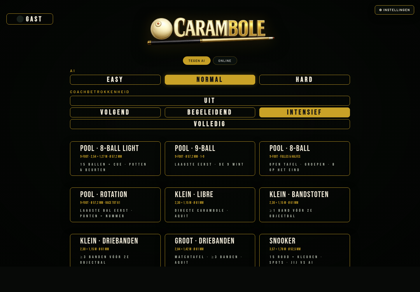 Het Carambole-menu met negen speelbare biljartdisciplines