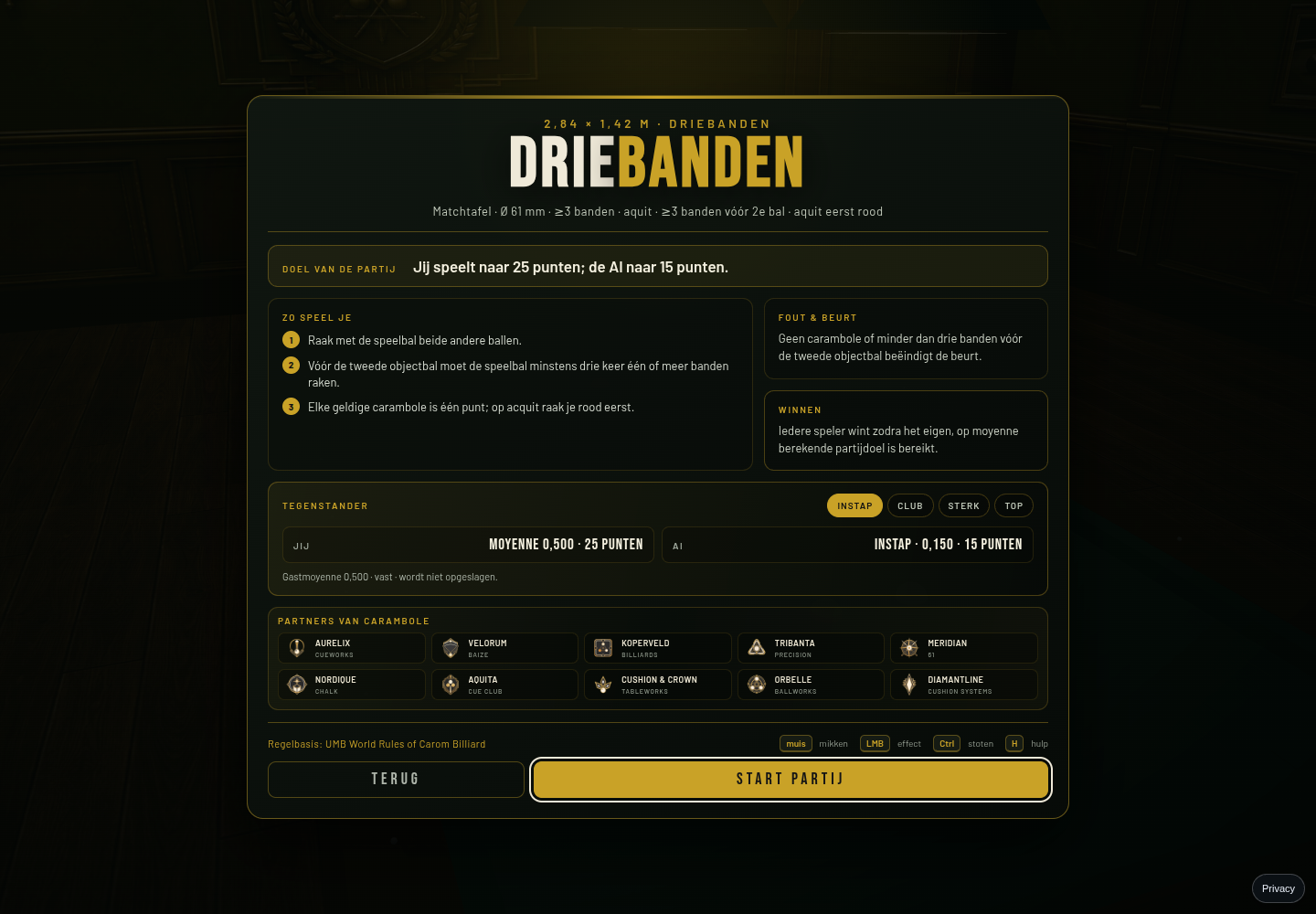 Bestaand Carambole-informatiescherm met tien kleine fictieve partnerlogo’s vlak boven de startknop
