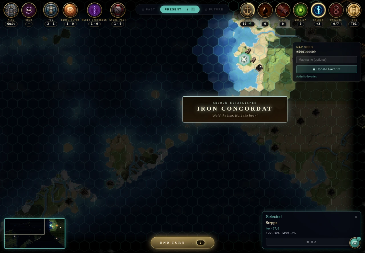 Chrono gameplay showing a procedural hex map, faction command bar, resource economy and a newly established Iron Concordat base