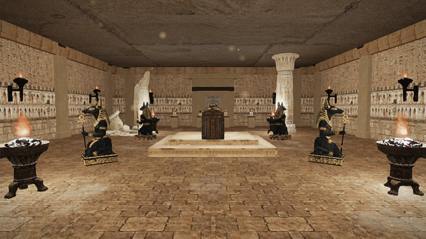 The playable tomb chamber with a central sarcophagus, Anubis statues, braziers and hieroglyphic walls