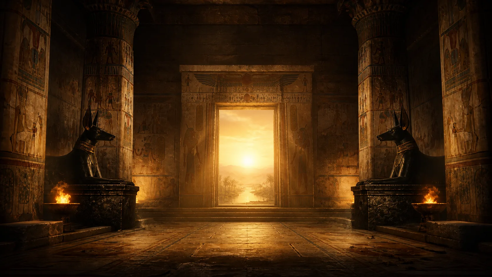 An Egyptian ceremonial hall guarded by two black Anubis statues and fire bowls