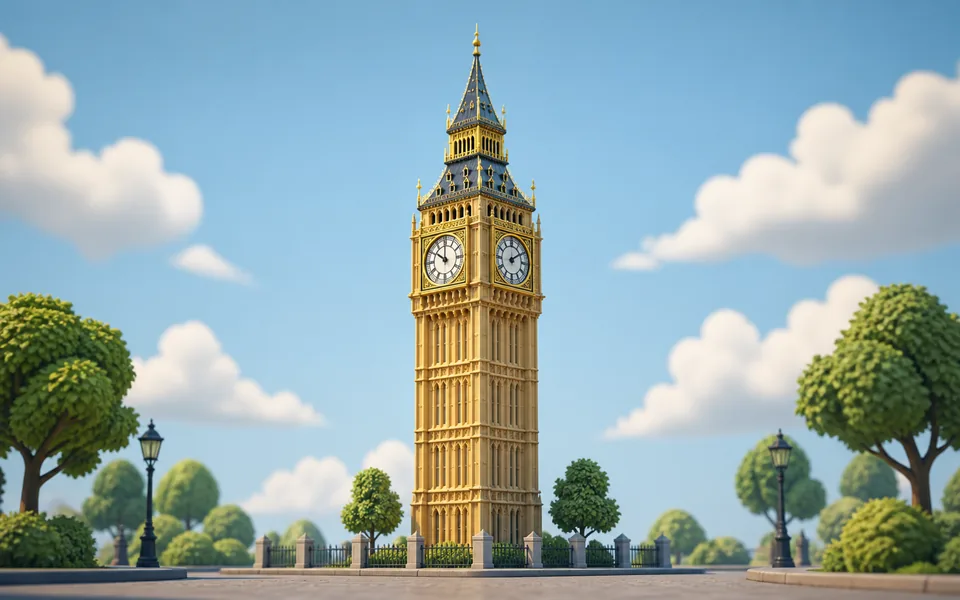 A famous clock tower under a bright sky