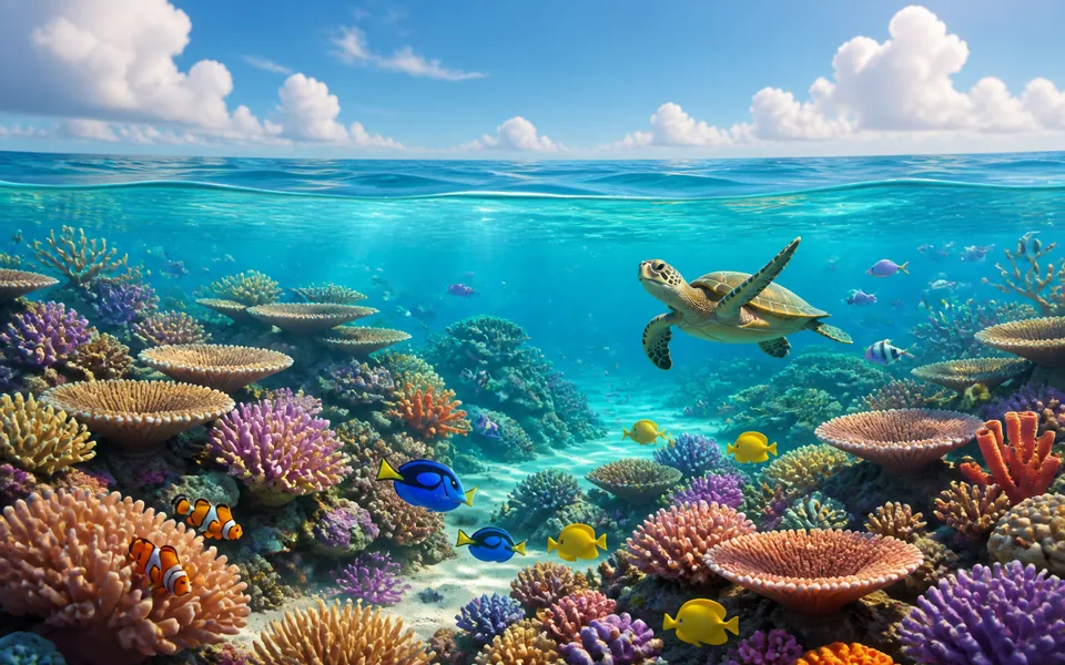 A colorful coral reef beneath clear water