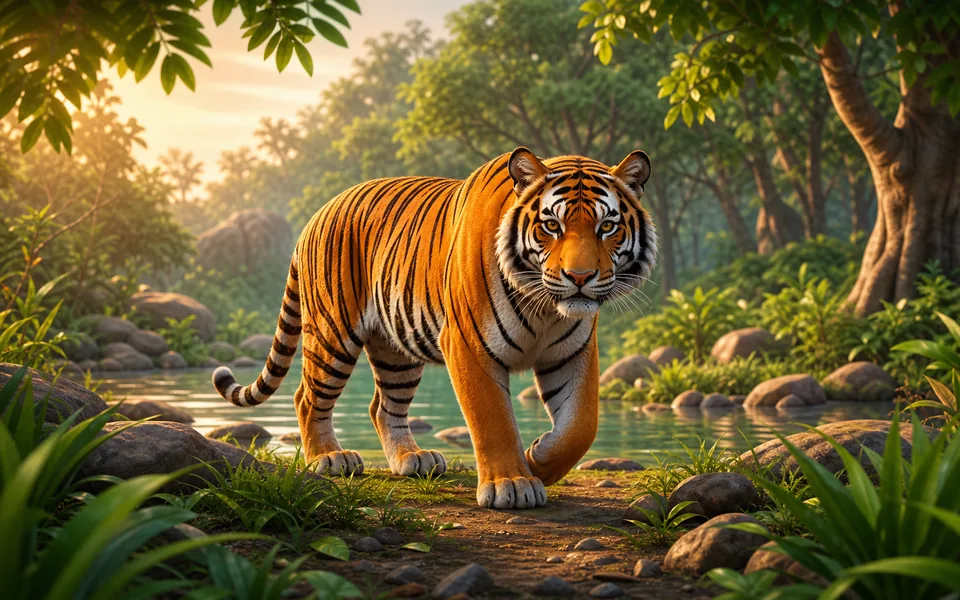 A Bengal tiger walking through a forest