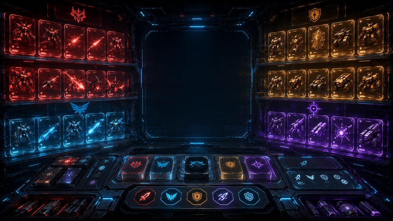 A futuristic LaneLock deck forge displaying red, cyan, gold and violet mecha cards