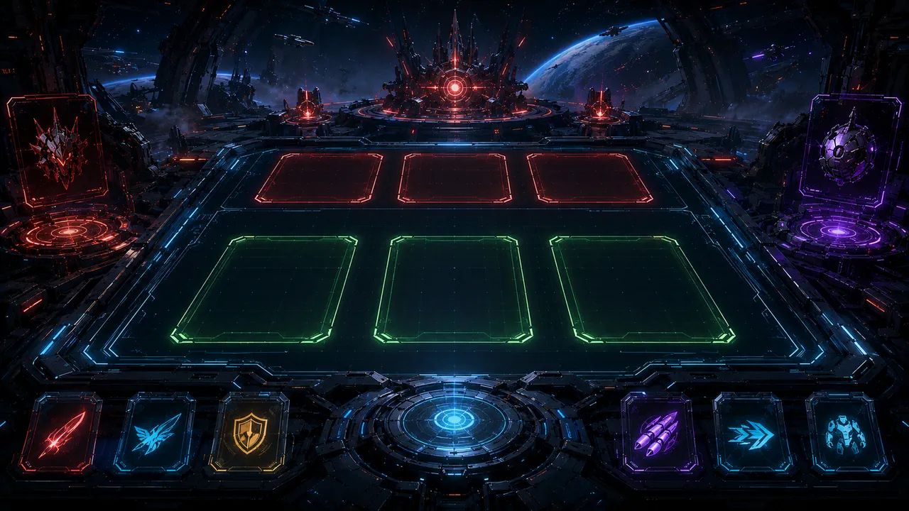 LaneLock tactical arena with opposing card slots and faction command cards