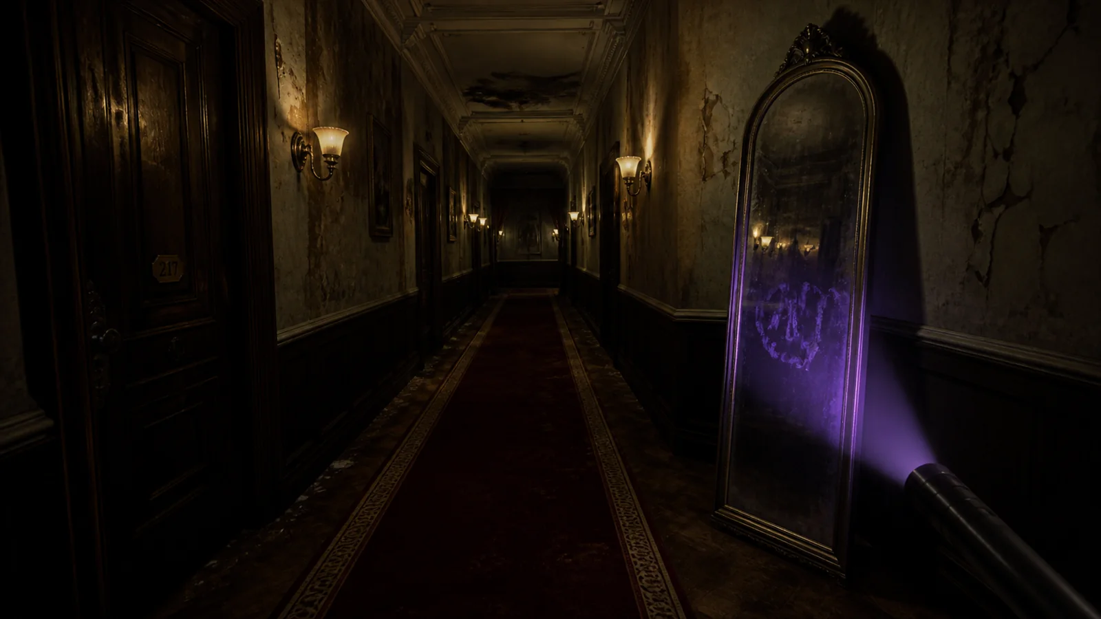 A dark burgundy hotel corridor where ultraviolet light catches marks on an aged mirror