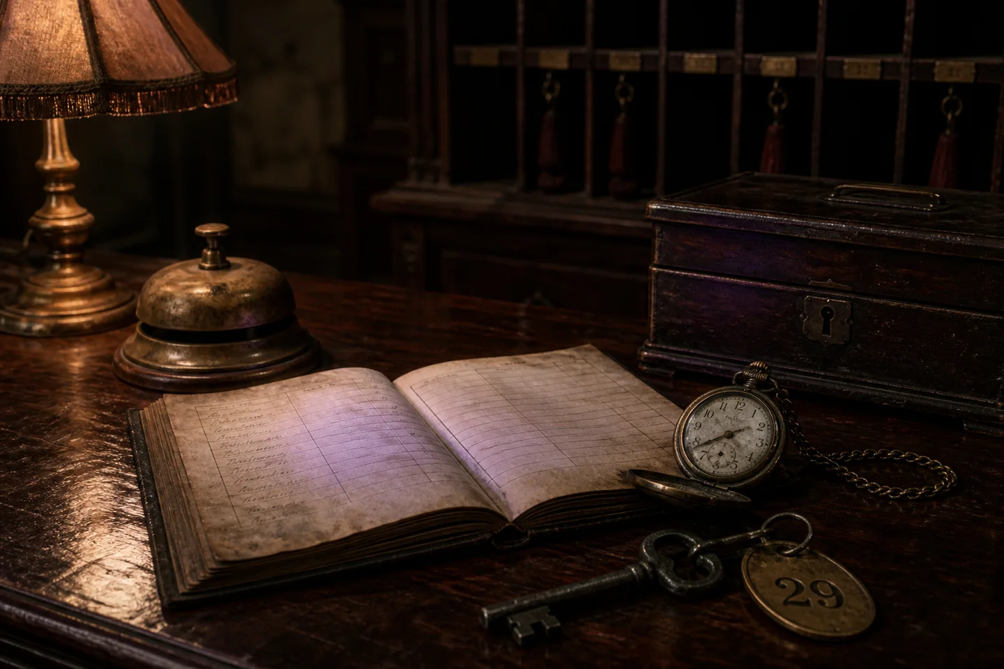 An antique hotel register beside a brass bell, stopped watch, iron key and wooden lockbox