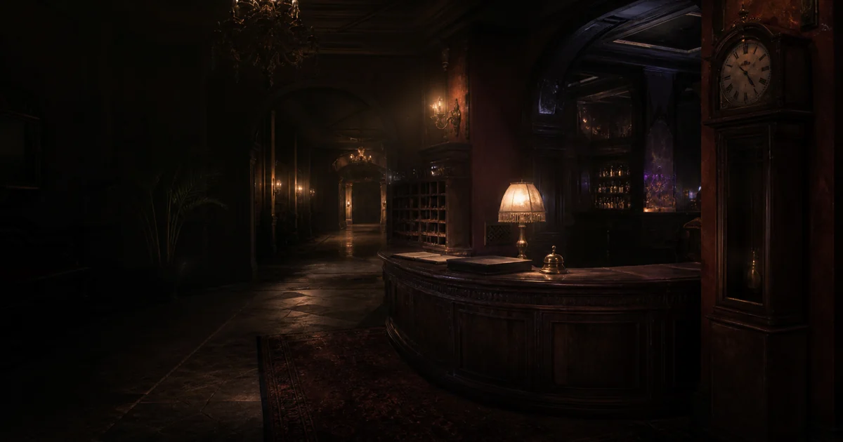 The dark reception lobby of Hotel Memento with an antique desk and stopped clock