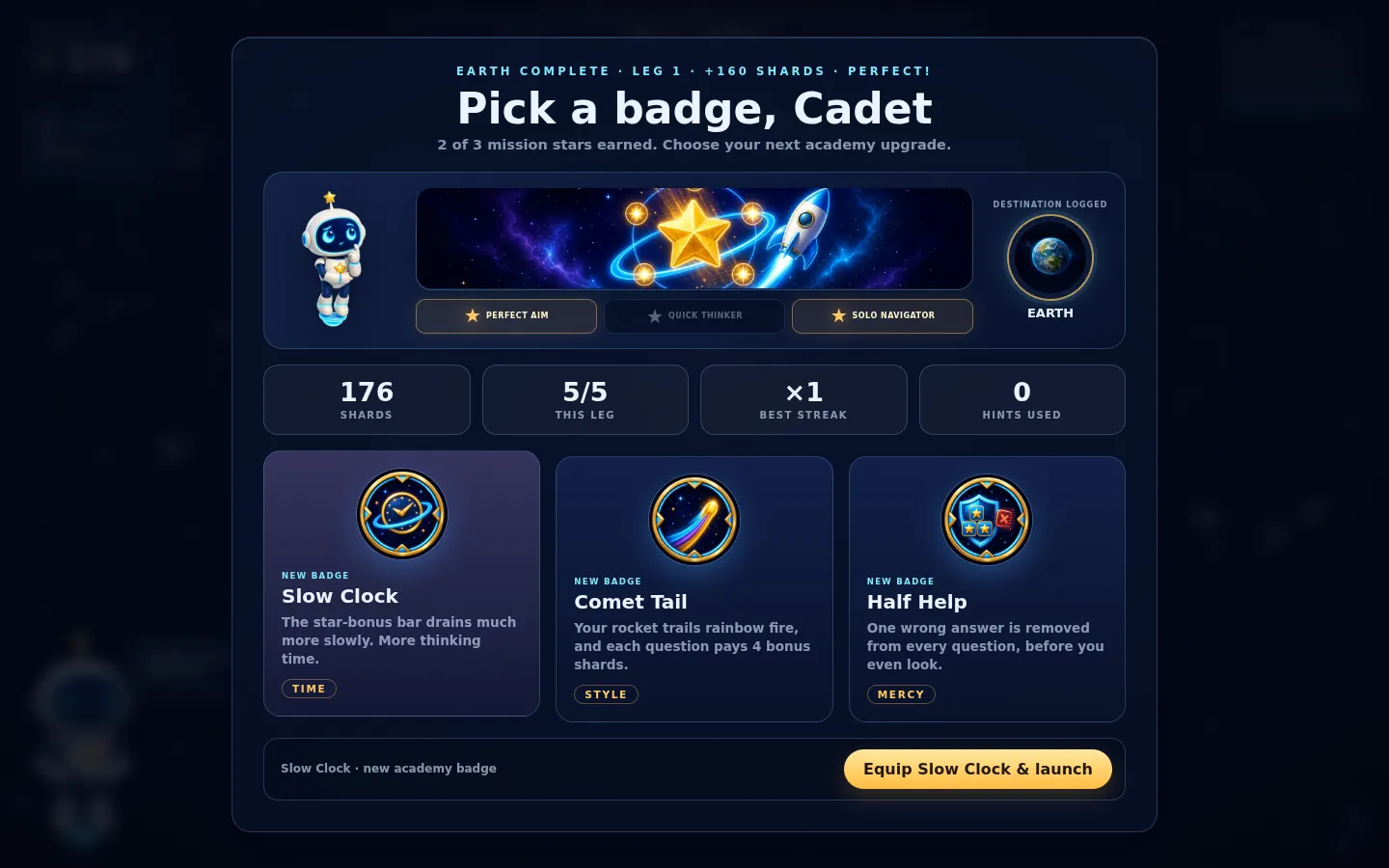 Orbit Academy mission results with Lumi, three mission goals and academy upgrade badges