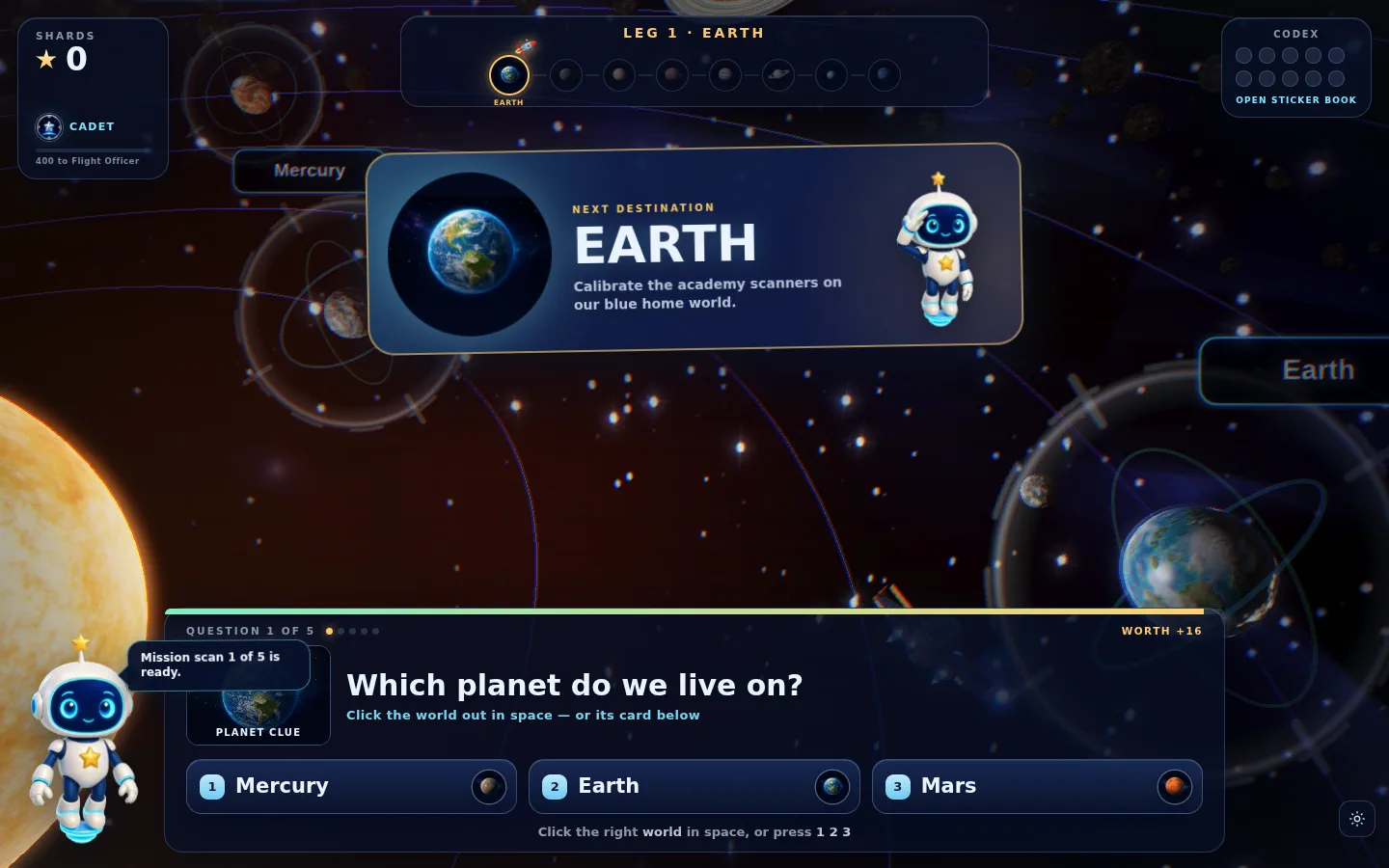 Orbit Academy gameplay showing Earth, Lumi, the mission route and a visual planet question