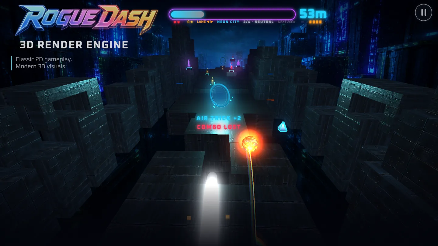 Rogue Dash lane view through a wet neon city canyon