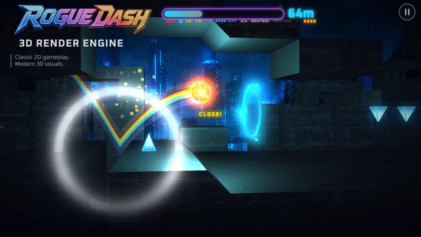 Rogue Dash side view with solid platforms, spikes, a portal and a rainbow trail