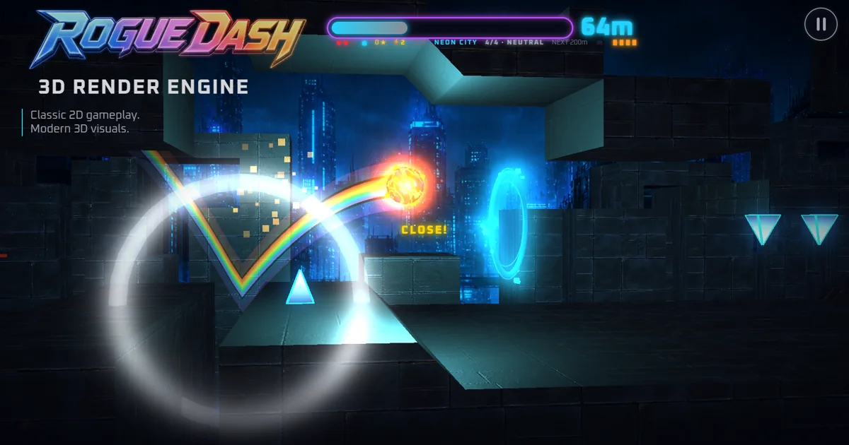 A molten energy ball racing through solid neon platforms toward a portal in Rogue Dash