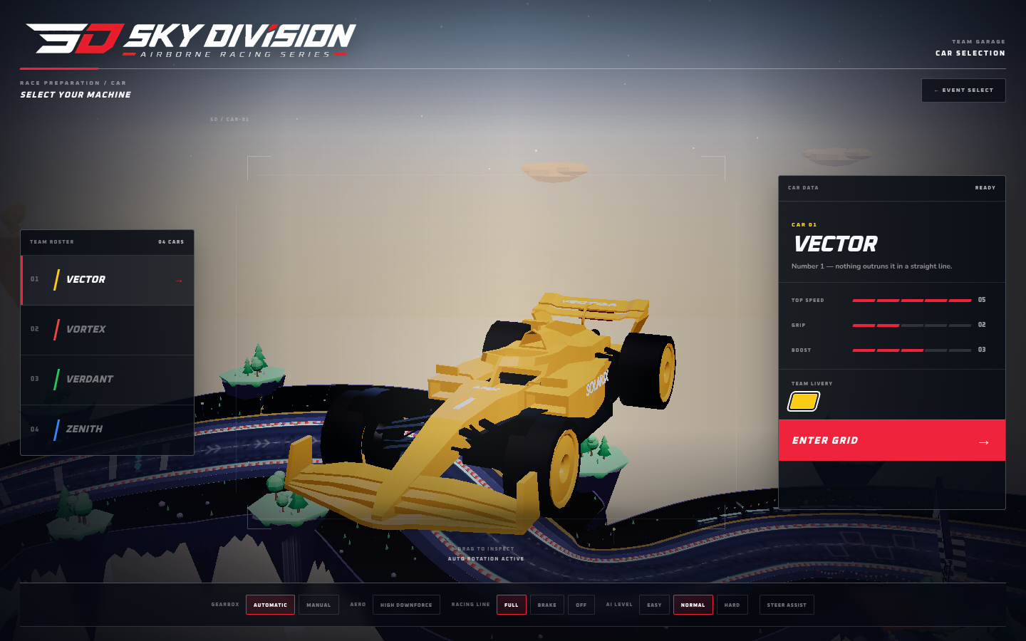 Yellow open-wheel car in the Sky Division team garage