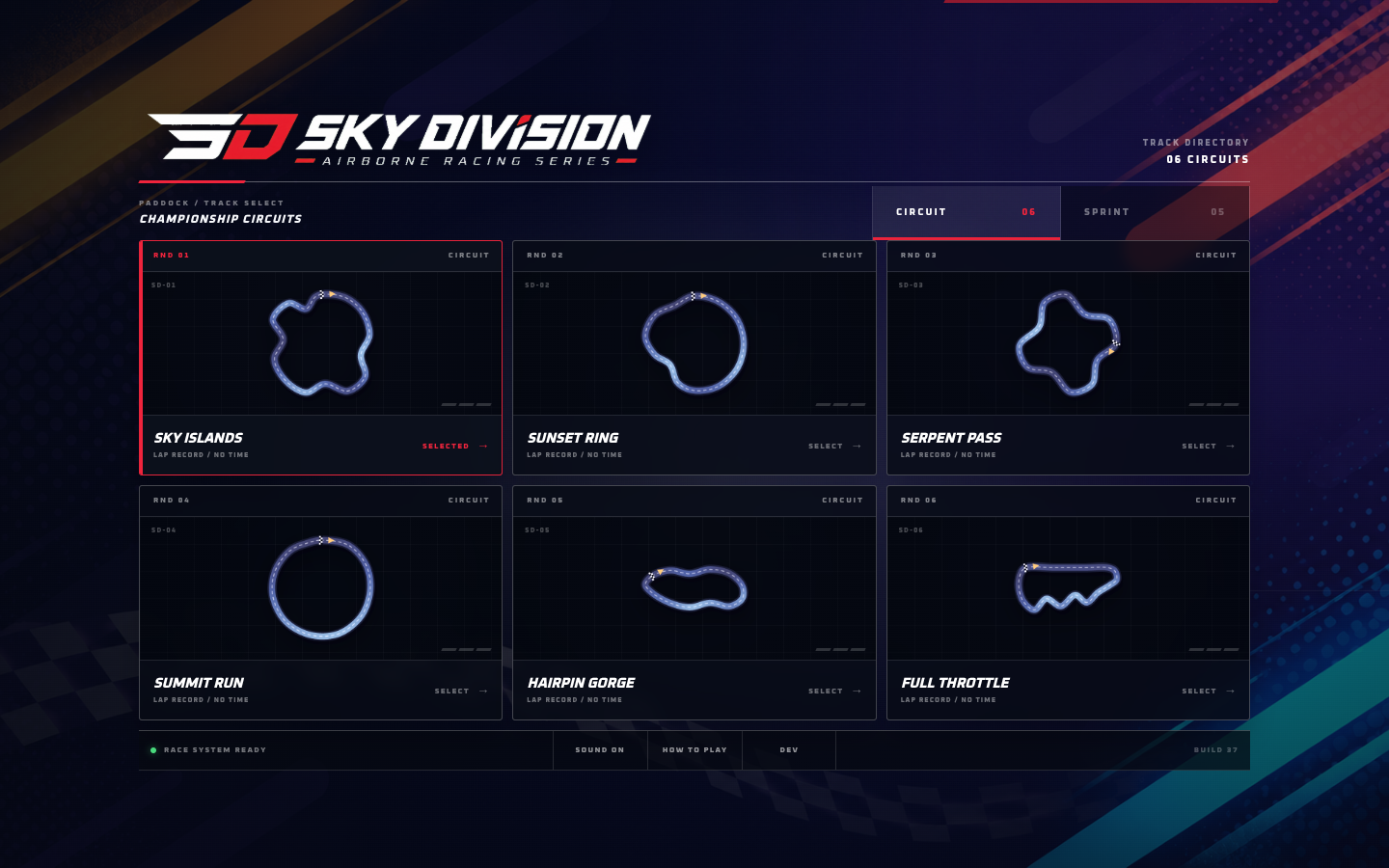 Sky Division track selection with six circuit layouts