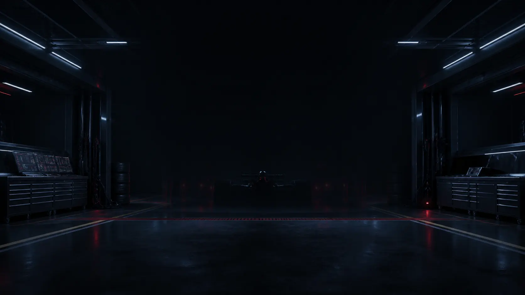Dark Sky Division 2 team garage with workshop equipment and race car silhouette