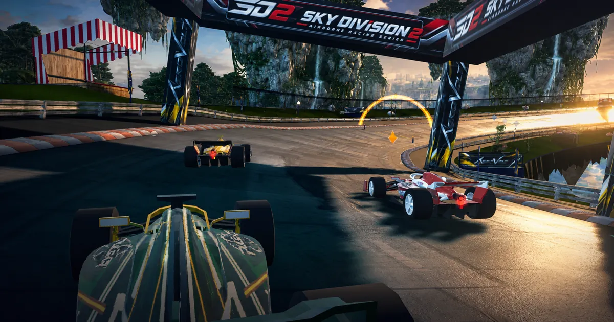 Open-wheel race cars attacking an airborne Sky Division 2 circuit