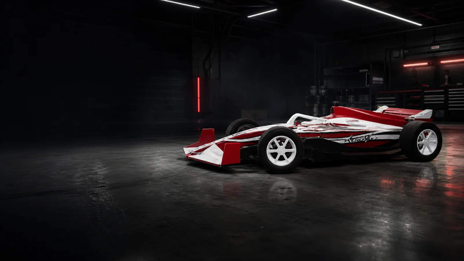 Red and white Vortex open-wheel race car