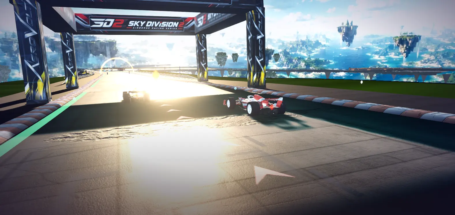 Open-wheel cars racing toward floating islands on a Sky Division 2 circuit