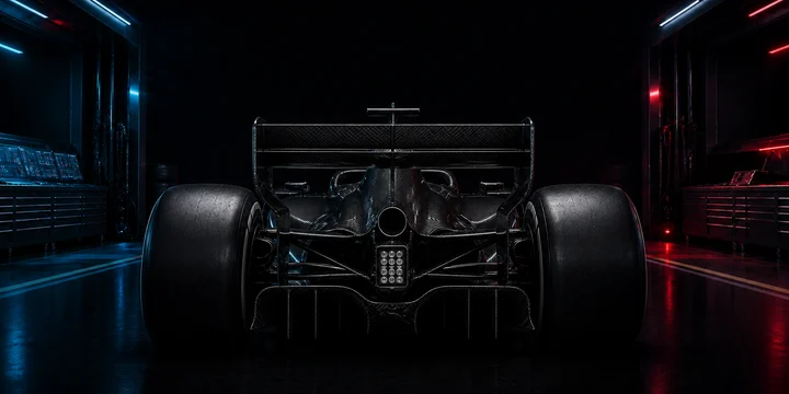 Rear view of open-wheel car showing rear suspension geometry