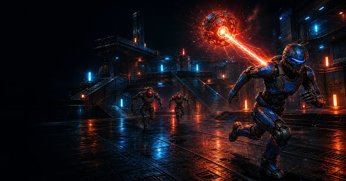 A combat robot carrying an enraged anti-gravity orb while two rivals pursue it