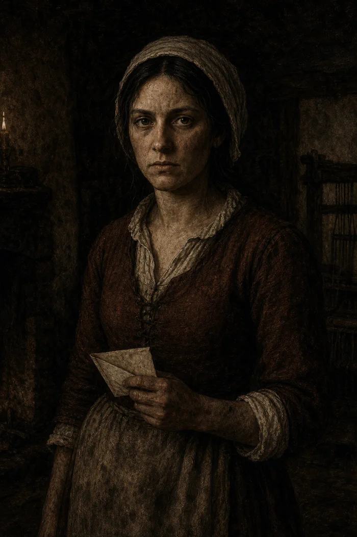 Mara Venn holding a smoke-stained letter in a dark seventeenth-century room
