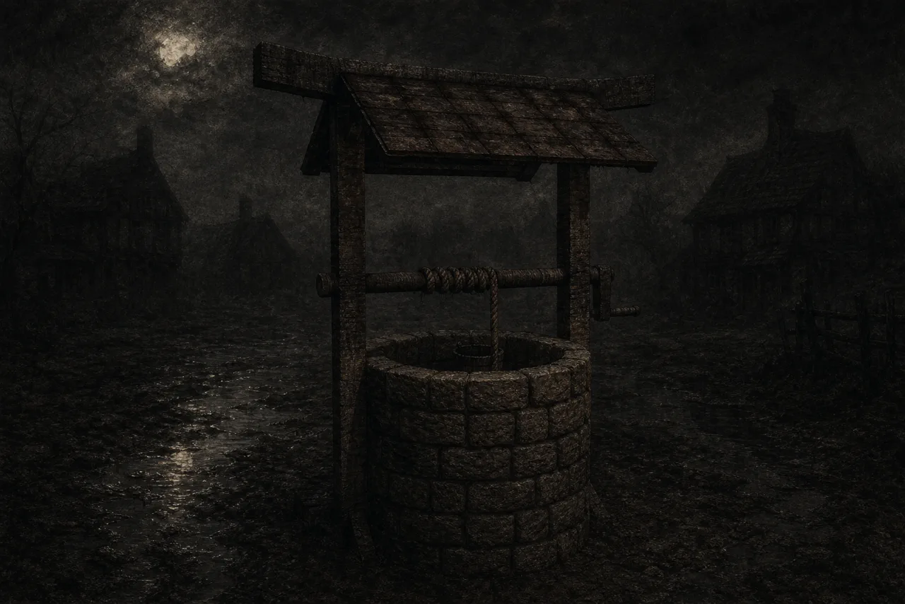 An old stone well standing in the wet village square at night