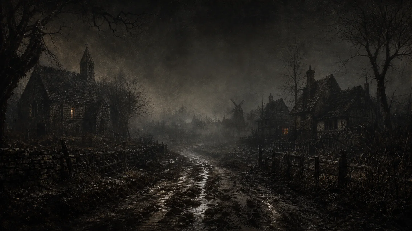 A muddy reflective road winding between a chapel and dark cottages in The Parish