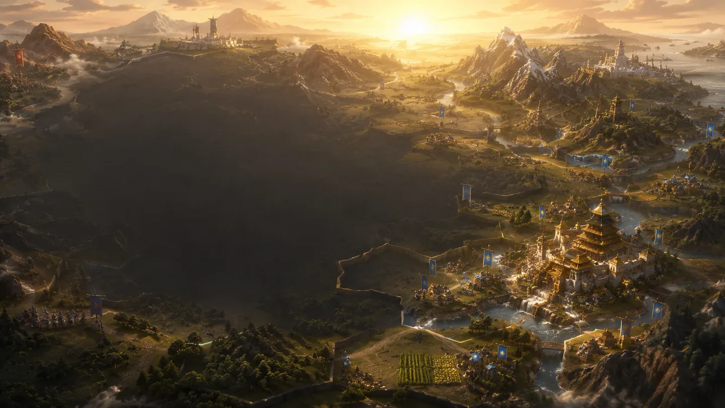 A vast civilization landscape with cities and mountains in AEONS
