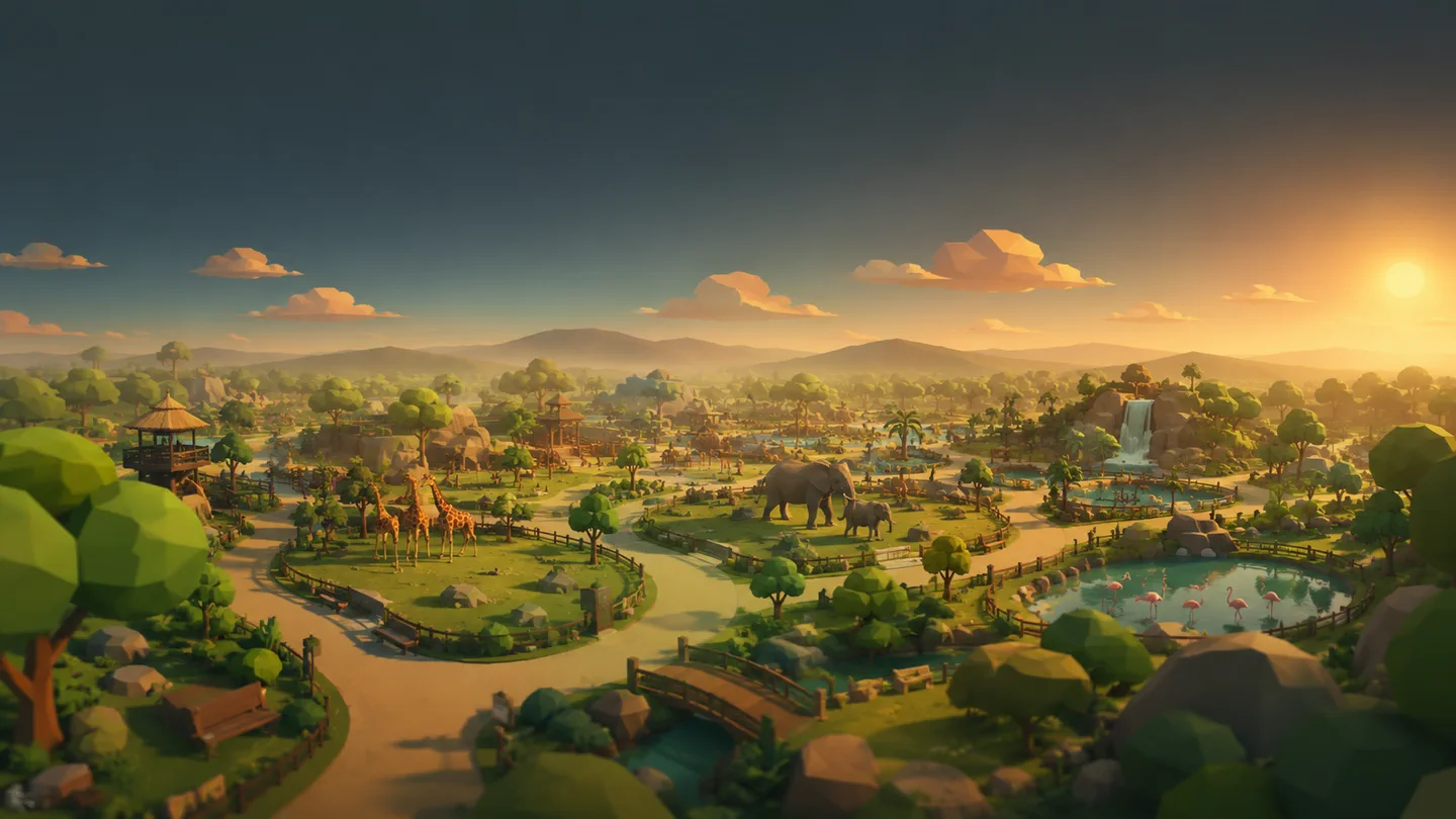 A sprawling low-poly zoo at sunset in Arkadia: Wilder Pedigree