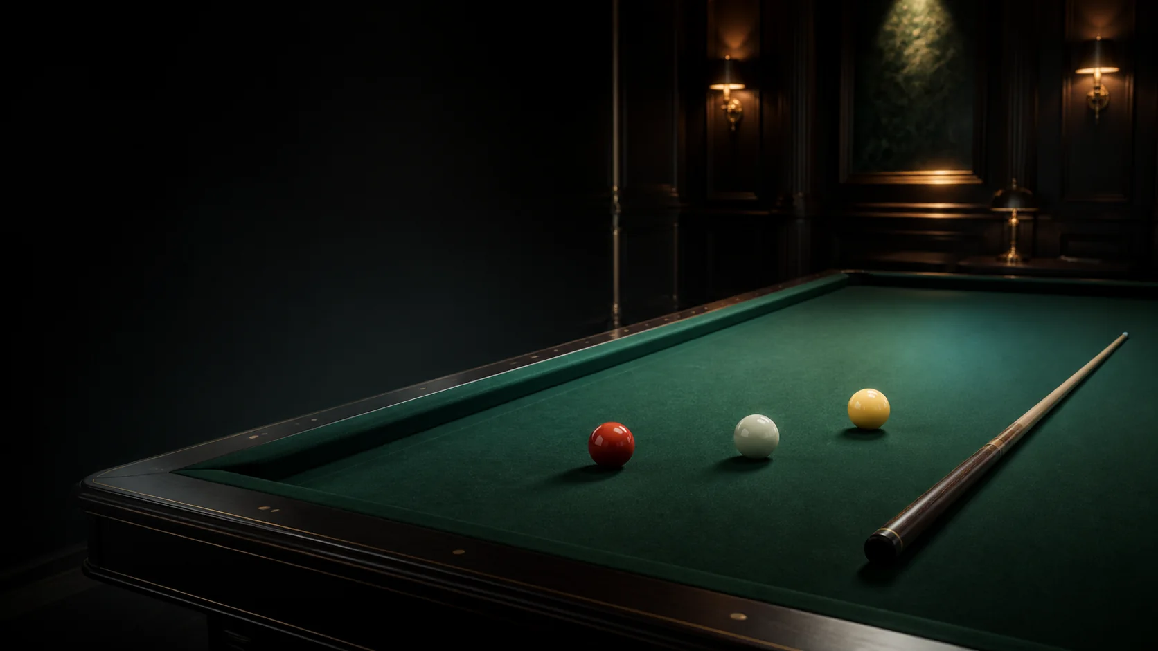 A pocketless carom billiards table with three balls in Carambole