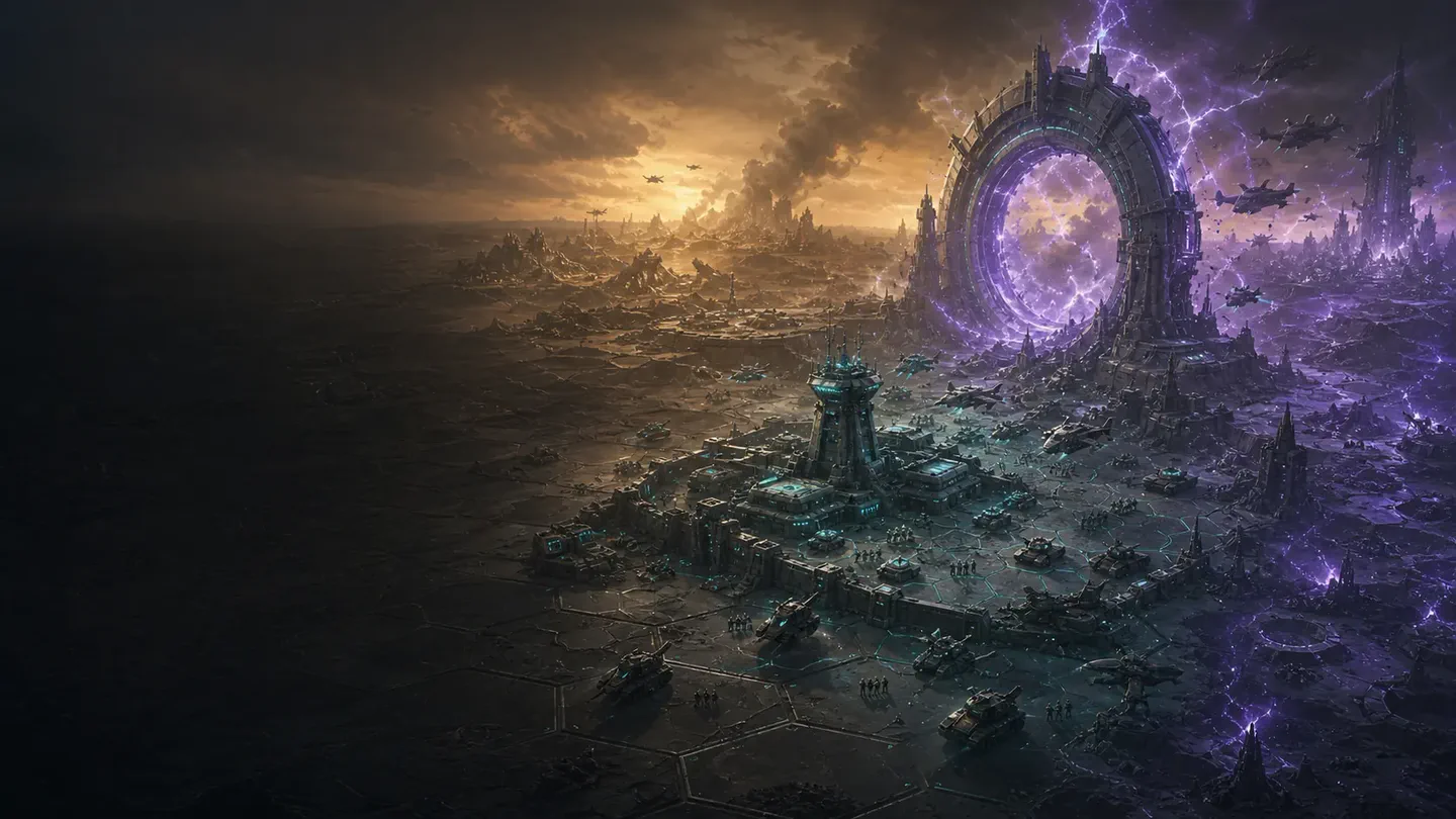 A fortified Chrono base facing a colossal time portal across a fractured battlefield
