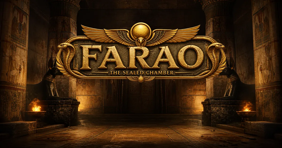 The ornate Farao logo above two Anubis guardians inside a torchlit Egyptian tomb