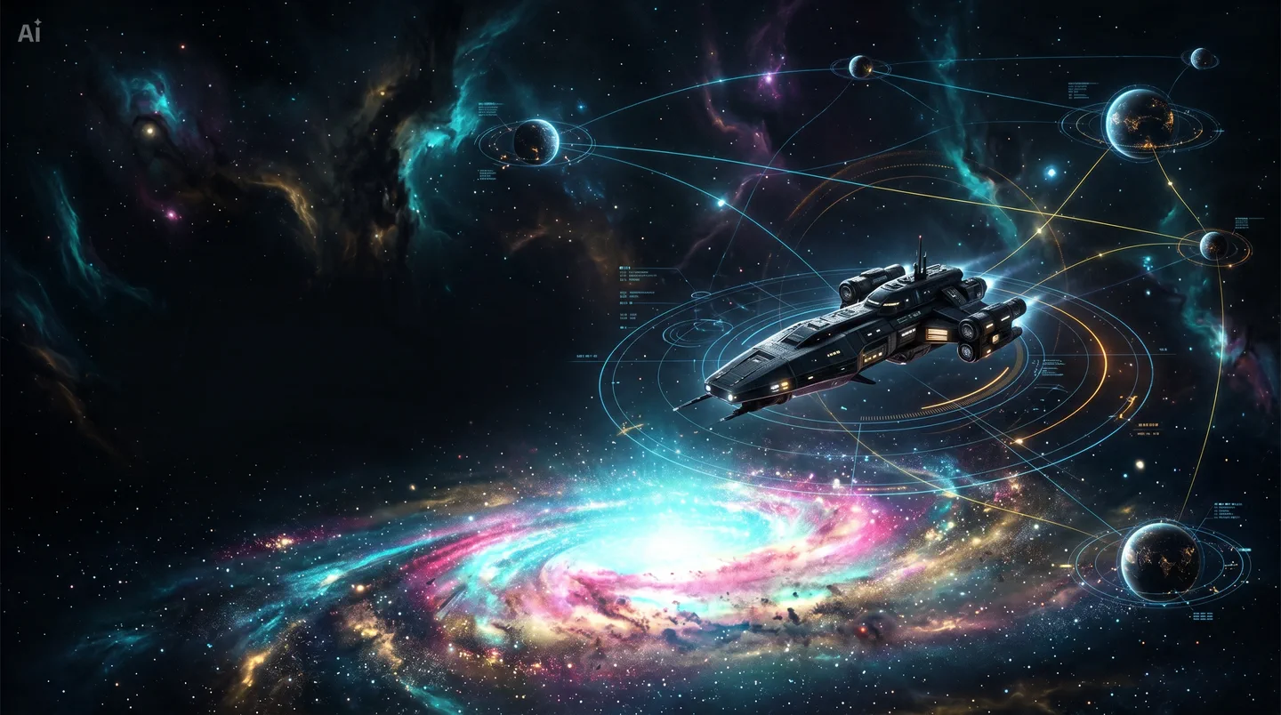 A starship crossing a connected galactic network in NEXUS: Infinite Expanse