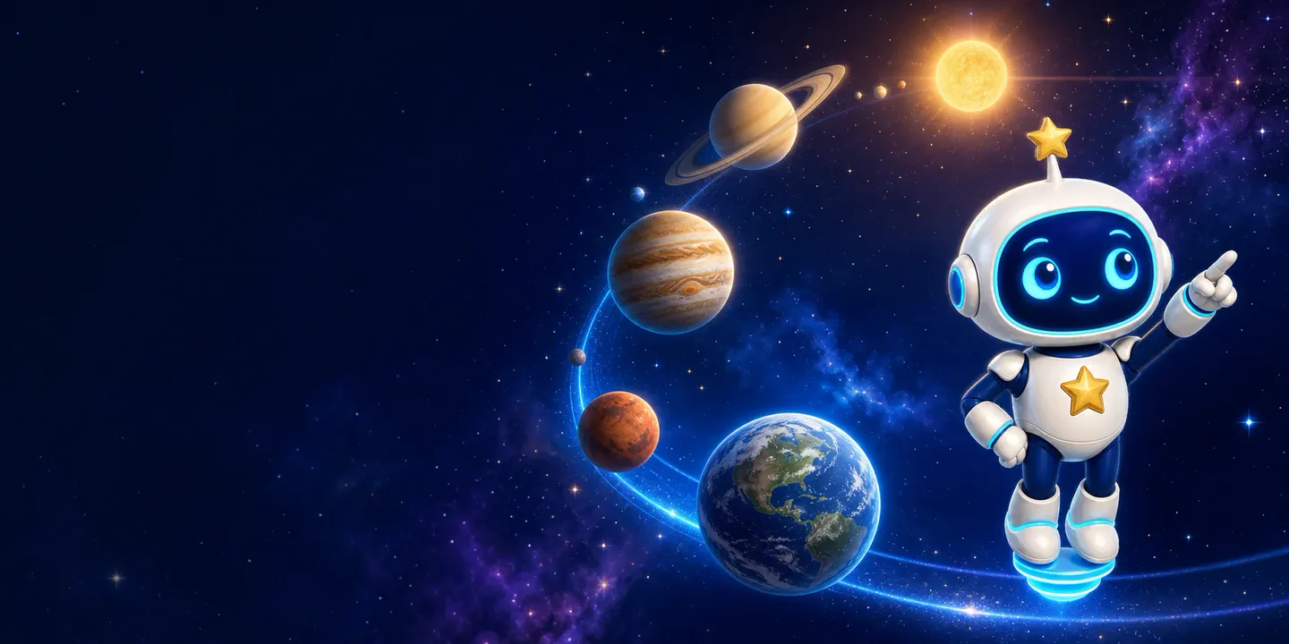 Lumi the robot guiding young cadets through a colorful solar system in Orbit Academy