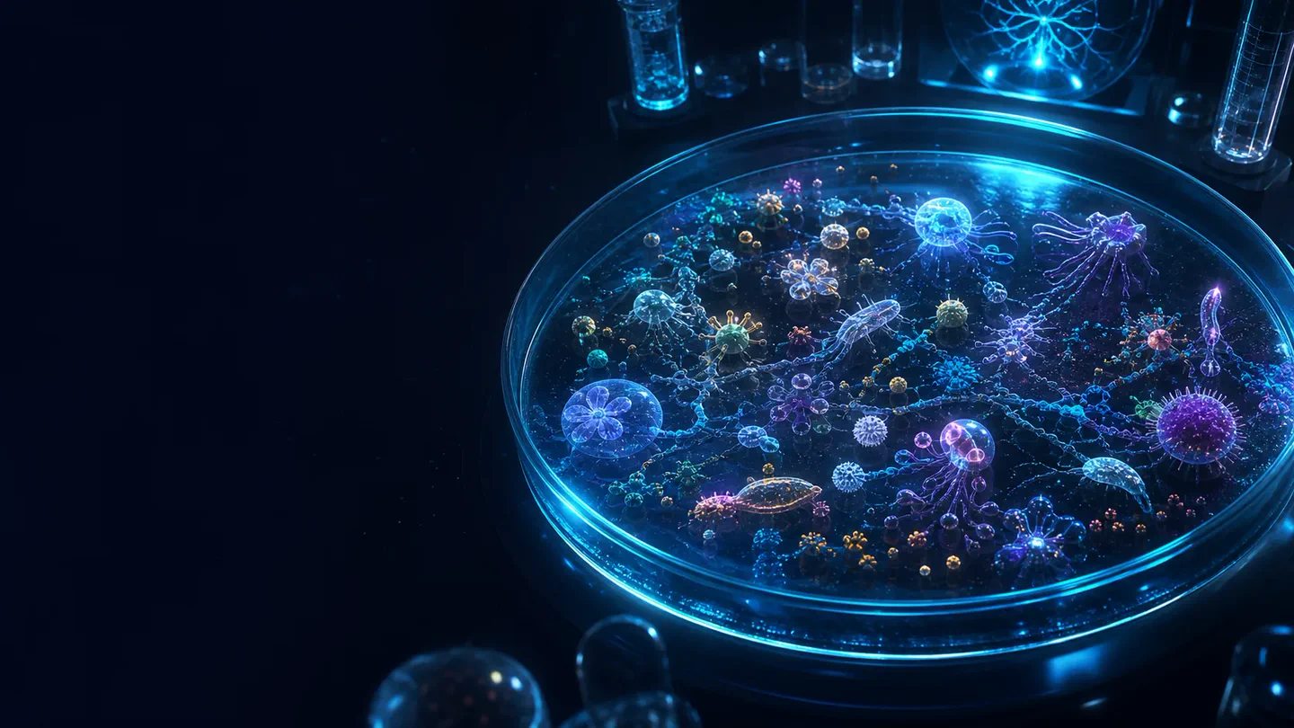 A luminous living ecosystem evolving inside a glass petri dish in Petrie